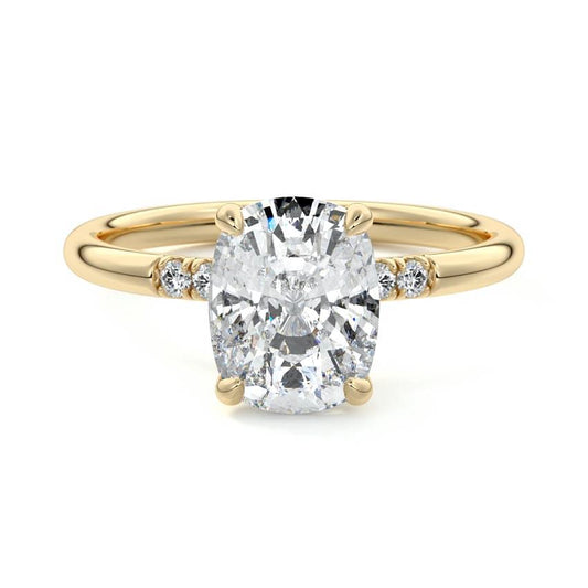 Elodie cushion hidden halo side stone lab grown diamond engagement ring in yellow gold