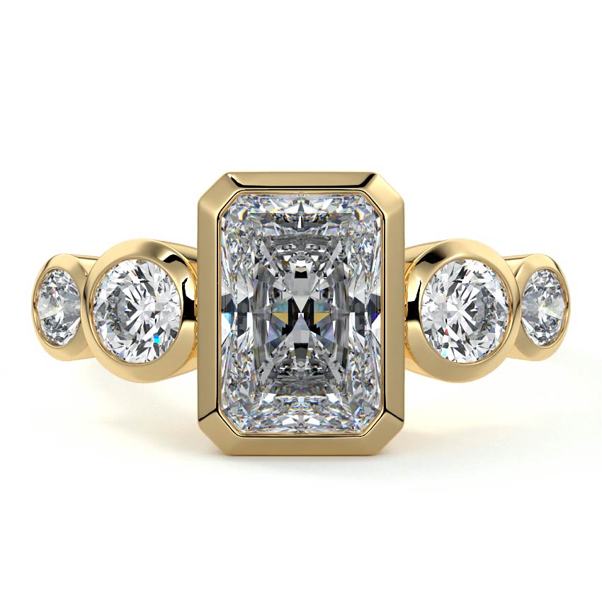 Evelina radiant bezel side stone lab grown diamond engagement ring in yellow gold