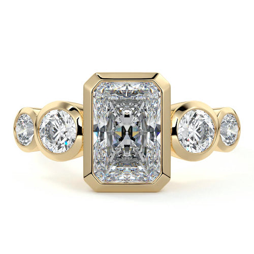 Evelina radiant bezel side stone lab grown diamond engagement ring in yellow gold