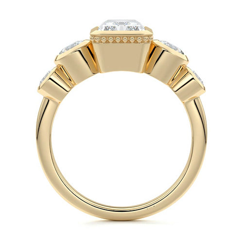 Evelina radiant bezel side stone lab grown diamond engagement ring in yellow gold
