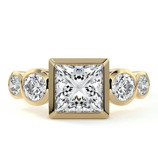 Evelina princess bezel side stone lab grown diamond engagement ring in yellow gold