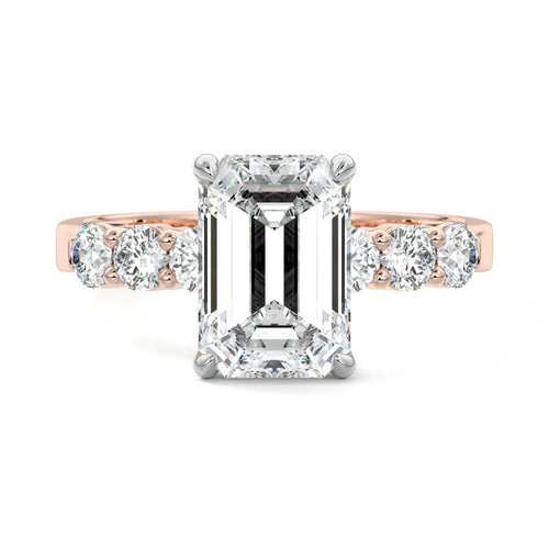 Gaia emerald cut graduated side stone lab grown diamond engagement ring in rose gold