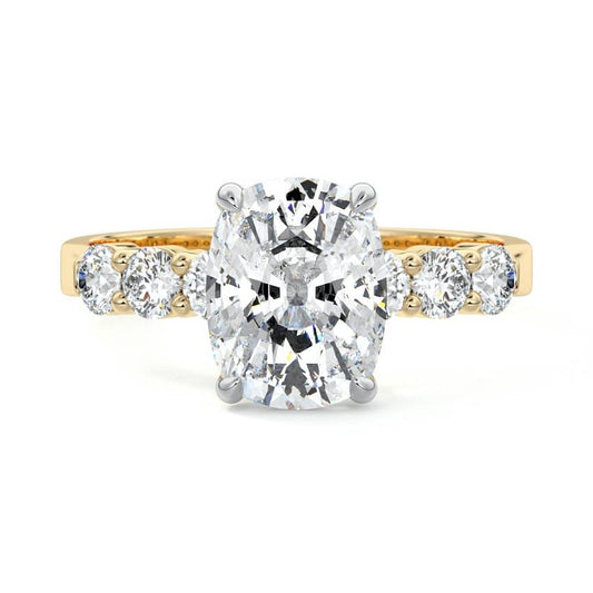 Gaia cushion graduated side stone lab grown diamond engagement ring in yellow gold