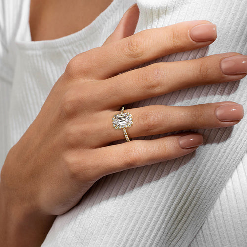 Iona - Emerald Cut Yellow Gold Engagement Ring Angle View | Nura Lab