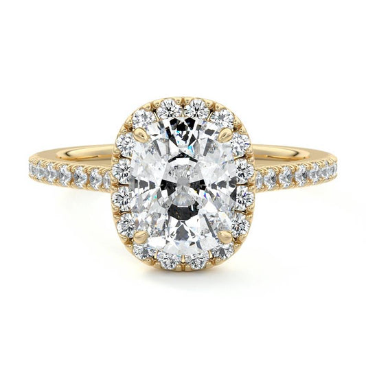 Iona cushion halo lab grown diamond engagement ring in yellow gold