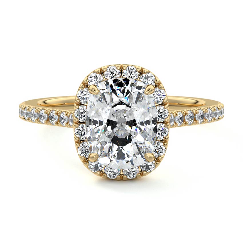 Iona cushion halo lab grown diamond engagement ring in yellow gold