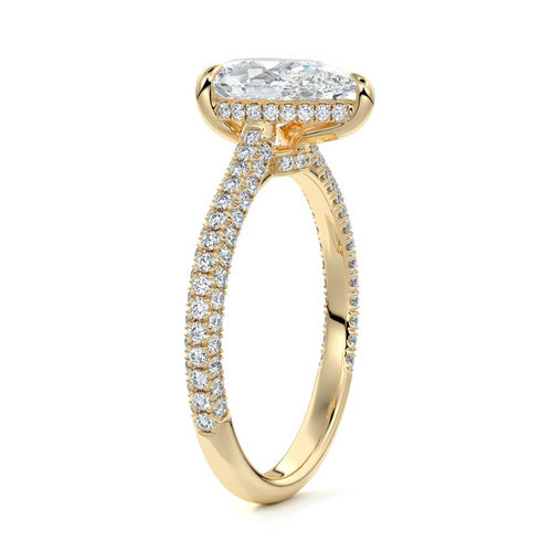 Ella pear hidden halo pavé lab grown diamond engagement ring in yellow gold