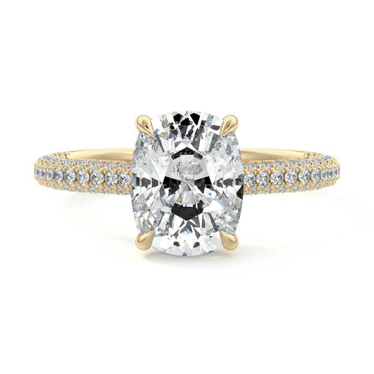 Ella cushion hidden halo pavé lab grown diamond engagement ring in yellow gold