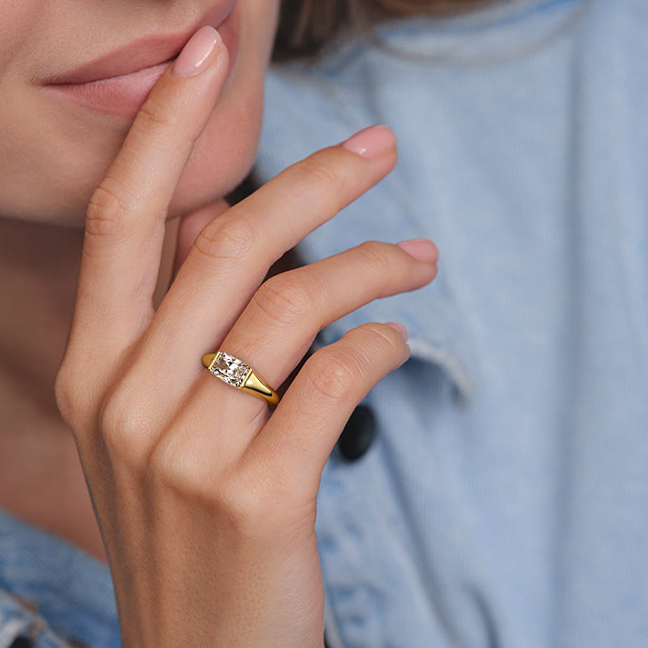 Katia - Radiant Yellow Gold Engagement Ring Angle View | Nura Lab