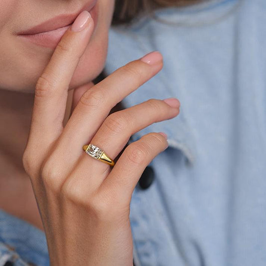 Katia east-west radiant bezel-inspired solitaire lab grown diamond engagement ring in yellow gold