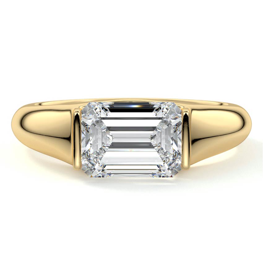 Katia east-west emerald cut bezel-inspired solitaire lab grown diamond engagement ring in yellow gold