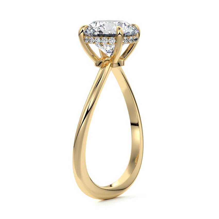Lucia round twist hidden halo solitaire lab grown diamond engagement ring in yellow gold