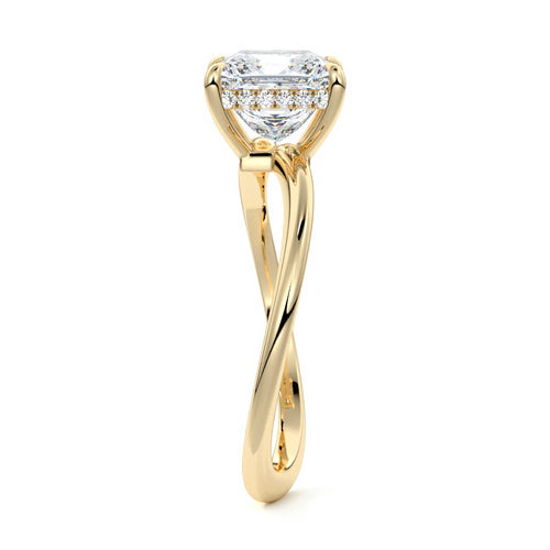 Lucia princess twist hidden halo solitaire lab grown diamond engagement ring in yellow gold