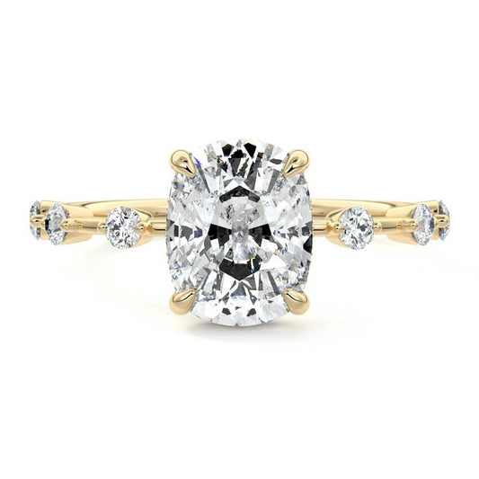 Mara cushion hidden halo lab grown diamond engagement ring in yellow gold