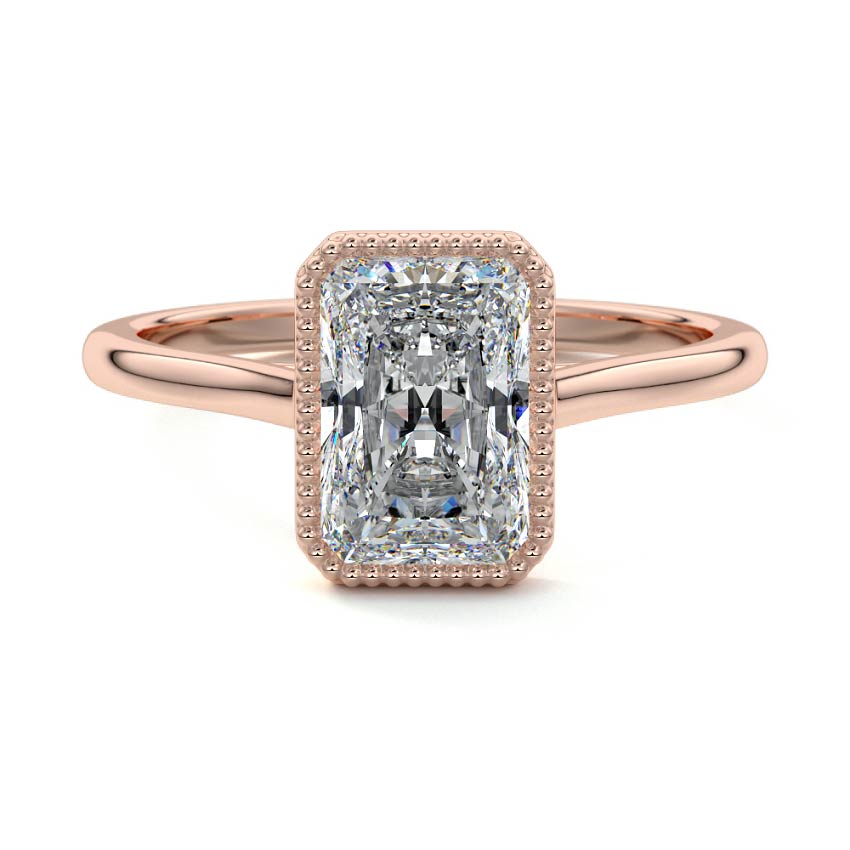 Marcella radiant milgrain bezel solitaire lab grown diamond engagement ring in rose gold