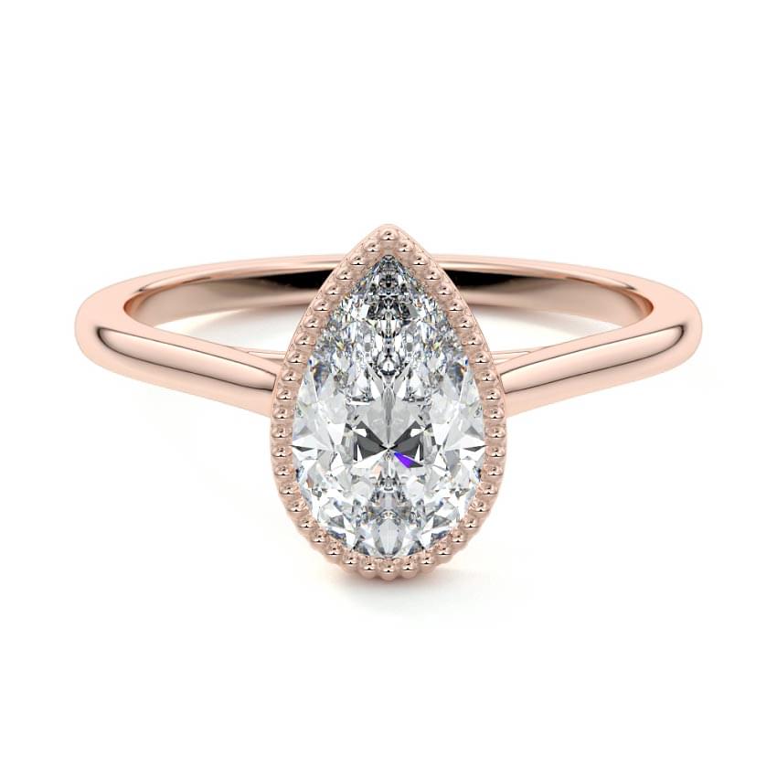 Marcella pear milgrain bezel solitaire lab grown diamond engagement ring in rose gold