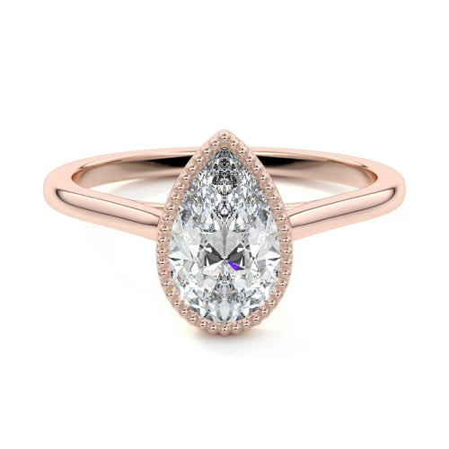Marcella pear milgrain bezel solitaire lab grown diamond engagement ring in rose gold