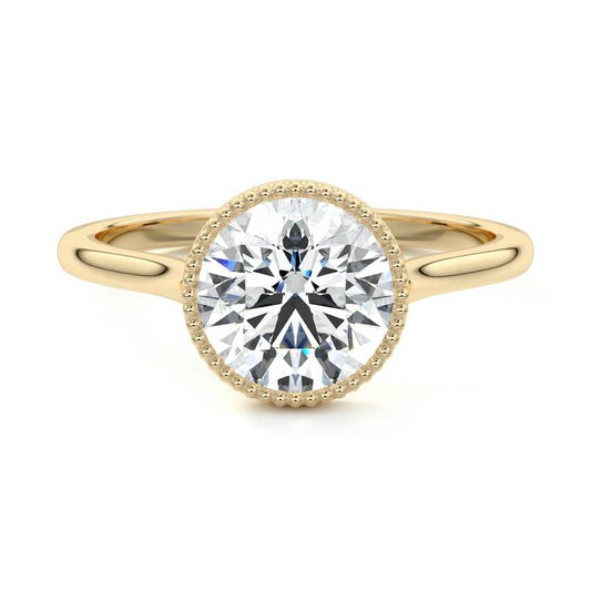 Marcella round milgrain bezel solitaire lab grown diamond engagement ring in yellow gold