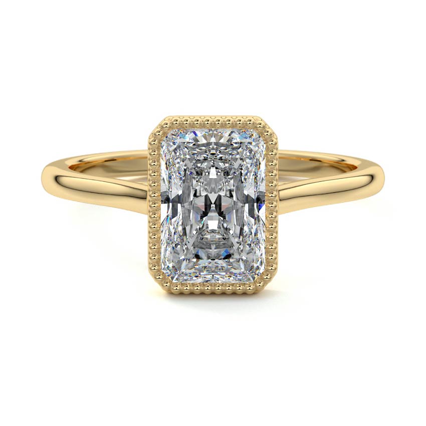Marcella radiant milgrain bezel solitaire lab grown diamond engagement ring in yellow gold