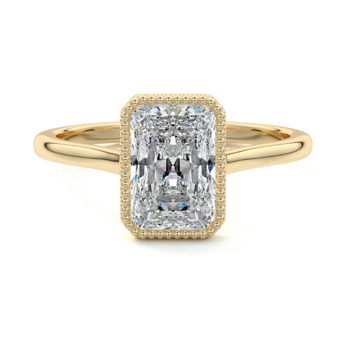 Marcella radiant milgrain bezel solitaire lab grown diamond engagement ring in yellow gold