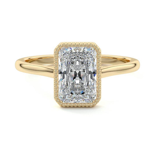 Marcella radiant milgrain bezel solitaire lab grown diamond engagement ring in yellow gold