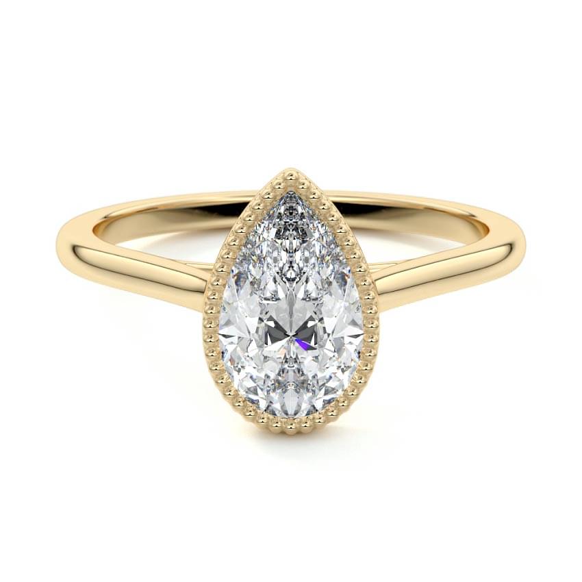 Marcella pear milgrain bezel solitaire lab grown diamond engagement ring in yellow gold