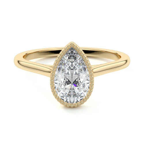 Marcella pear milgrain bezel solitaire lab grown diamond engagement ring in yellow gold