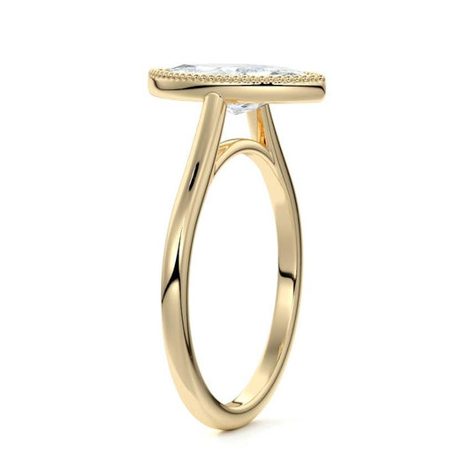 Marcella marquise milgrain bezel solitaire lab grown diamond engagement ring in yellow gold
