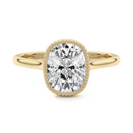 Marcella cushion milgrain bezel solitaire lab grown diamond engagement ring in yellow gold