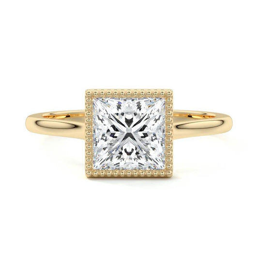 Marcella princess milgrain bezel solitaire lab grown diamond engagement ring in yellow gold