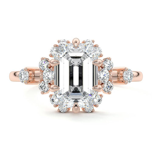 Marina emerald cut floral side stone lab grown diamond engagement ring in rose gold