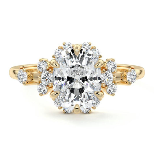 Marina cushion floral side stone lab grown diamond engagement ring in yellow gold