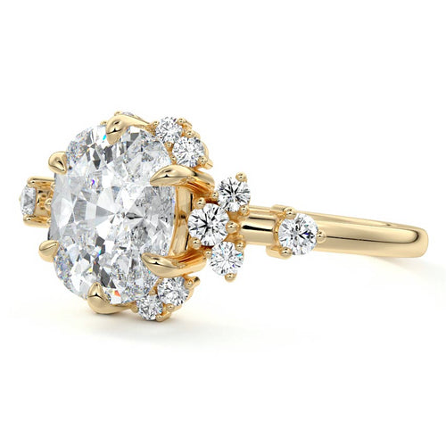 Marina cushion floral side stone lab grown diamond engagement ring in yellow gold