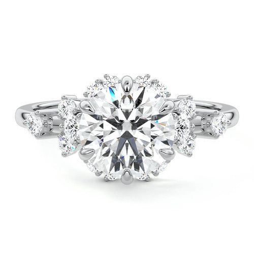 Marina round floral side stone lab grown diamond engagement ring in platinum