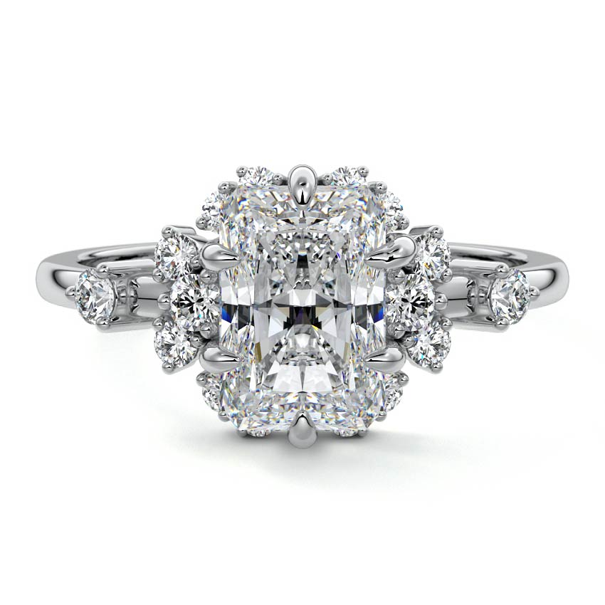 Marina radiant floral side stone lab grown diamond engagement ring in platinum