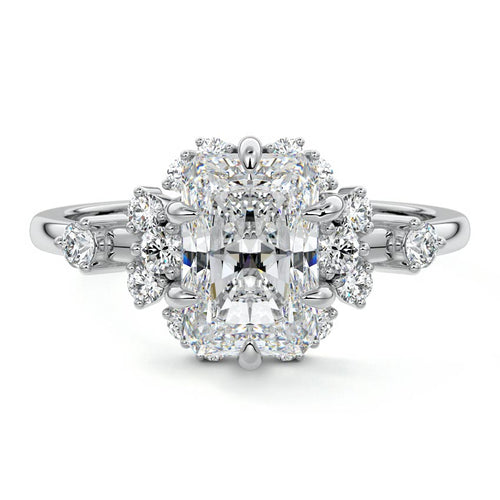 Marina radiant floral side stone lab grown diamond engagement ring in platinum