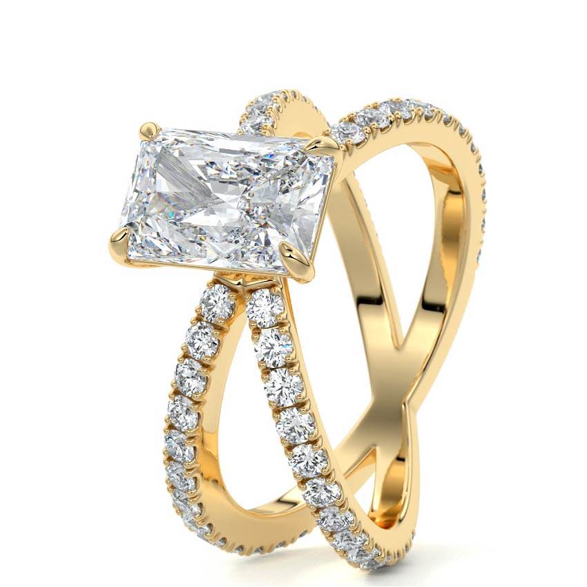 Mirella radiant split shank pavé solitaire lab grown diamond engagement ring in yellow gold