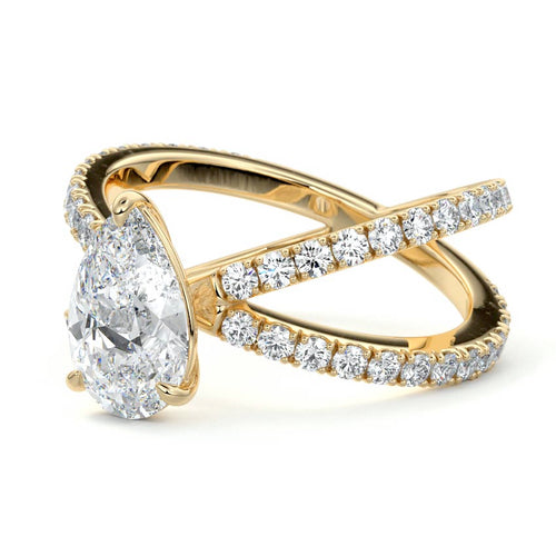 Mirella pear split shank pavé solitaire lab grown diamond engagement ring in yellow gold