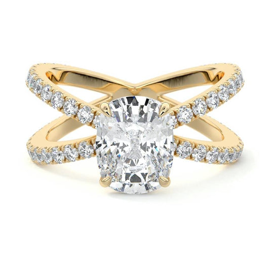 Mirella cushion split shank pavé solitaire lab grown diamond engagement ring in yellow gold
