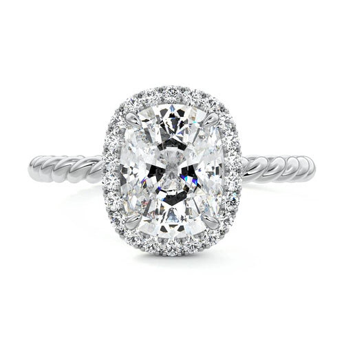Noemi cushion twisted halo lab grown diamond engagement ring in white gold