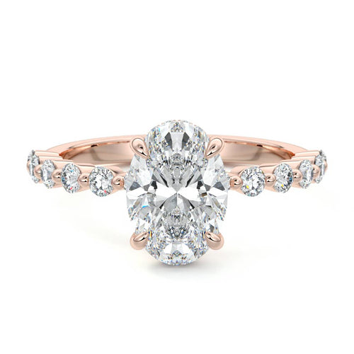 Odessa oval hidden halo side stone lab grown diamond engagement ring in rose gold