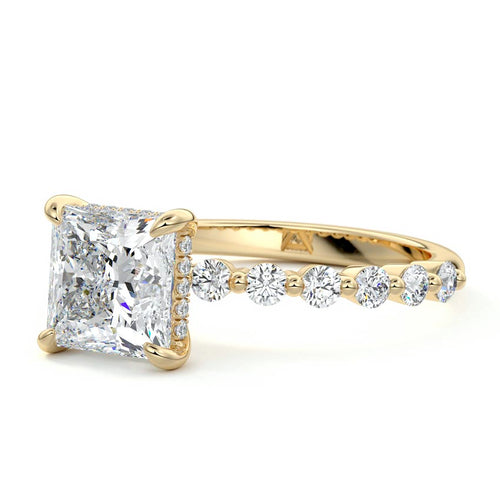 Odessa princess hidden halo side stone lab grown diamond engagement ring in yellow gold