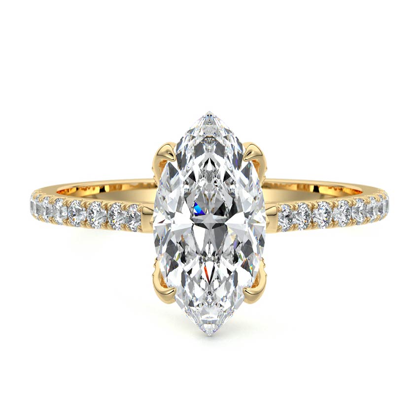 Minerva marquise hidden halo pavé lab grown diamond engagement ring in yellow gold