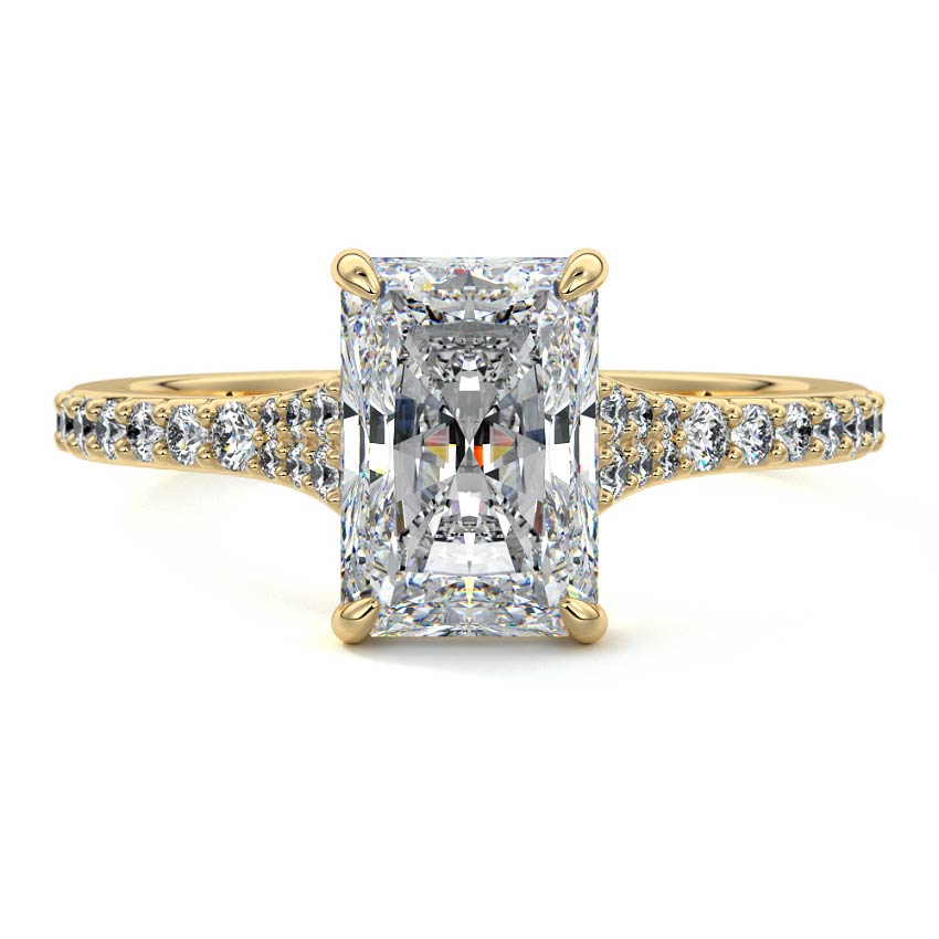 Samira radiant tapered pavé solitaire lab grown diamond engagement ring in yellow gold