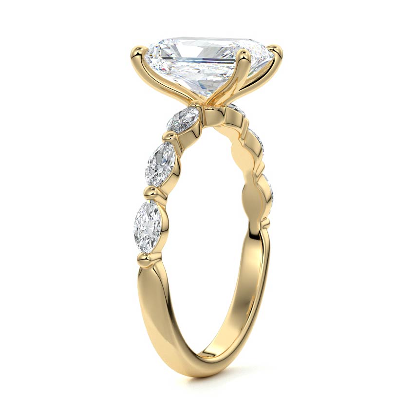Valentina radiant side stone lab grown diamond engagement ring in yellow gold