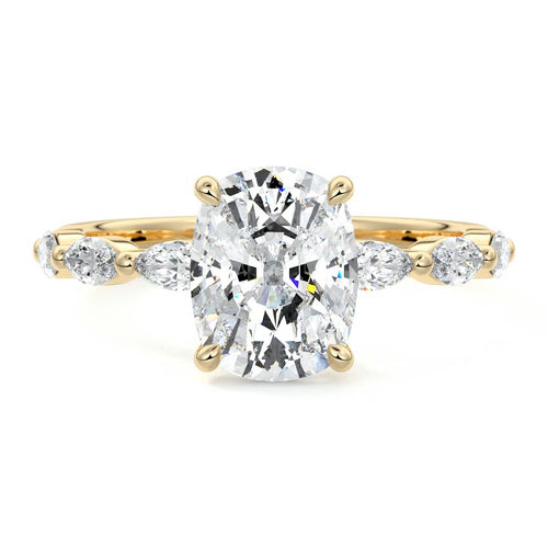 Valentina cushion side stone lab grown diamond engagement ring in yellow gold