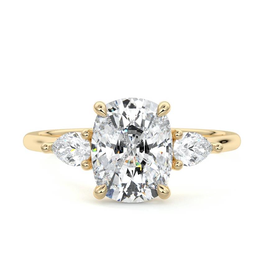 Veda cushion three-stone lab grown diamond engagement ring in yellow gold