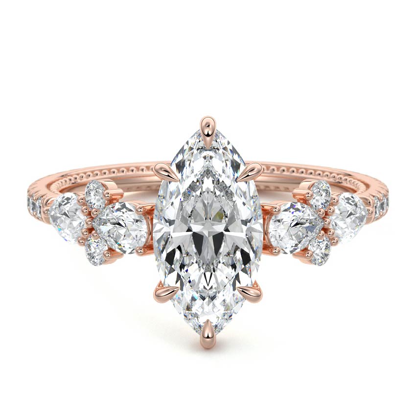 Vera marquise floral side stone pavé lab grown diamond engagement ring in rose gold