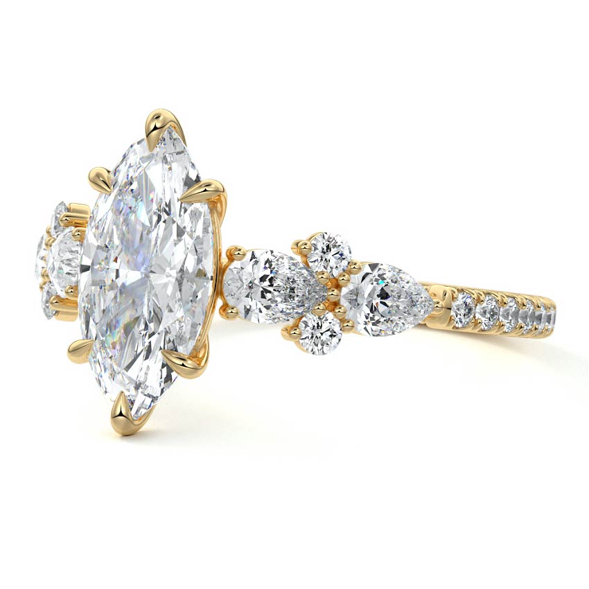 Vera marquise floral side stone pavé lab grown diamond engagement ring in yellow gold