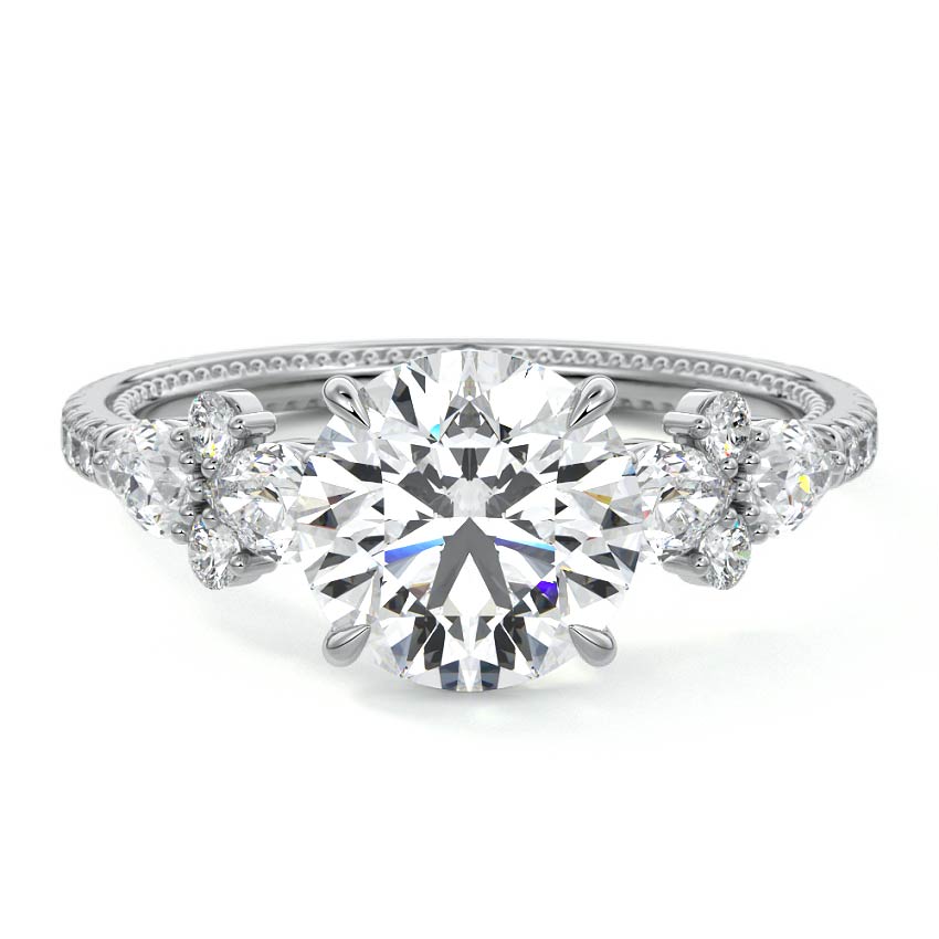 Vera round floral side stone pavé lab grown diamond engagement ring in white gold